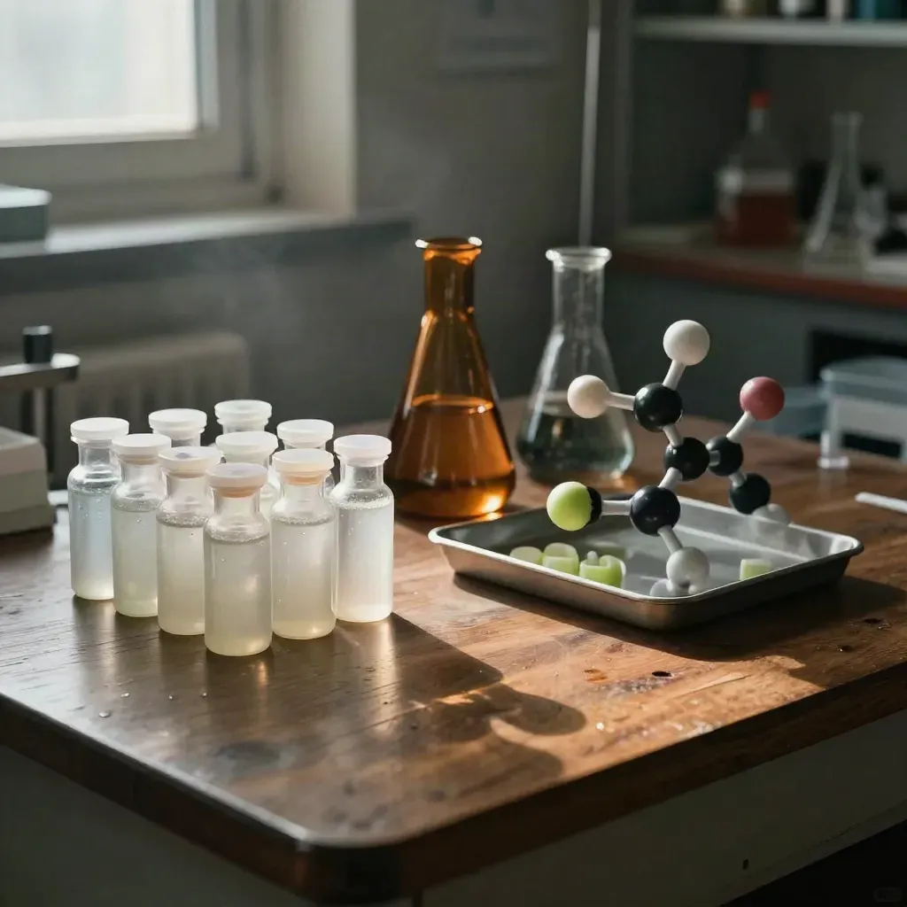 Amber şişeler ve molekül modeliyle protein anotasyonu yapılan sıcak laboratuvar köşesi
